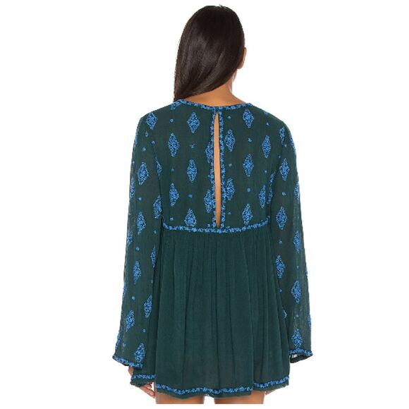 Free People Diamond Embroidered Bell Sleeve Top in Dark Green - Picture 2 of 10